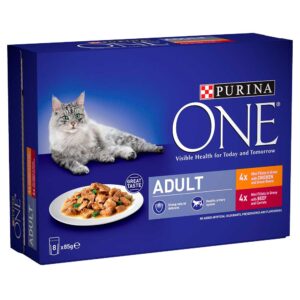 PURINA ONE Adult Cat Food, Chicken & Beef 8x85g