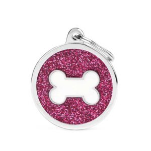MY FAMILY Big Glitter Pink Circle & Bone ID Tag