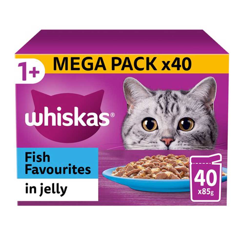 WHISKAS Fish Favourites in Jelly 1+ Adult Wet Cat Food Pouches, 40x85g