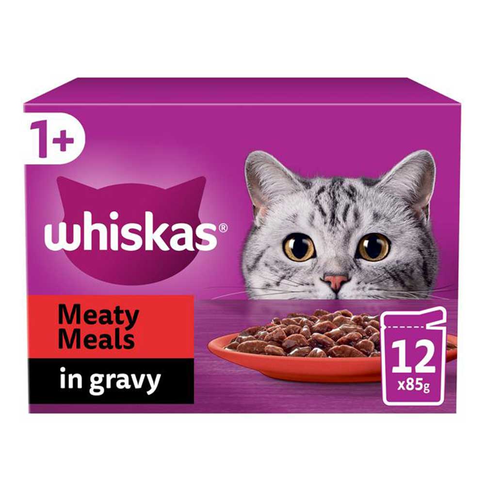 WHISKAS Meaty Meals in Gravy 1+ Adult Wet Cat Food Pouches, 12x85g
