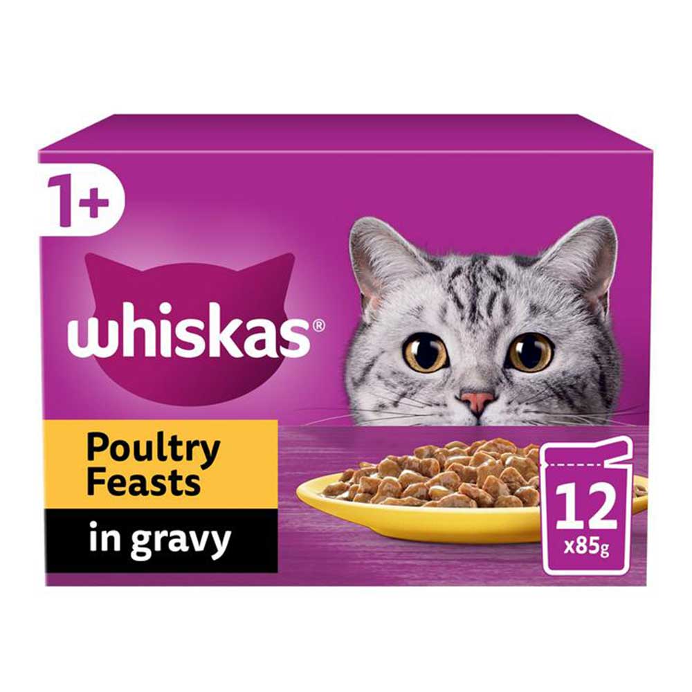 WHISKAS Poultry Feasts in Gravy 1+ Adult Wet Cat Food Pouches, 12x85g