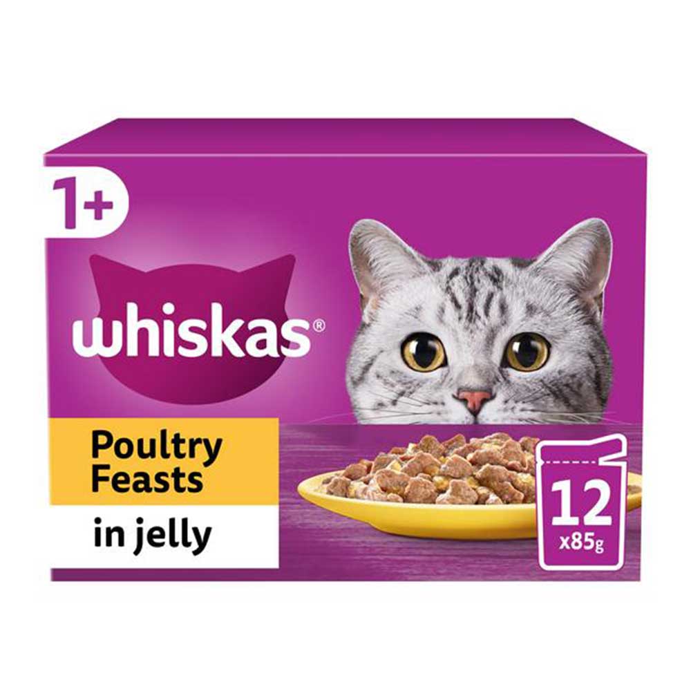 WHISKAS Poultry Feasts in Jelly 1+ Adult Wet Cat Food Pouches, 12x85g