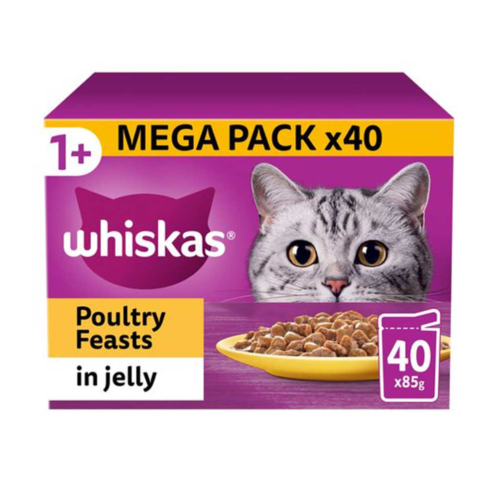 WHISKAS Poultry Feasts in Jelly 1+ Adult Wet Cat Food Pouches, 40x85g