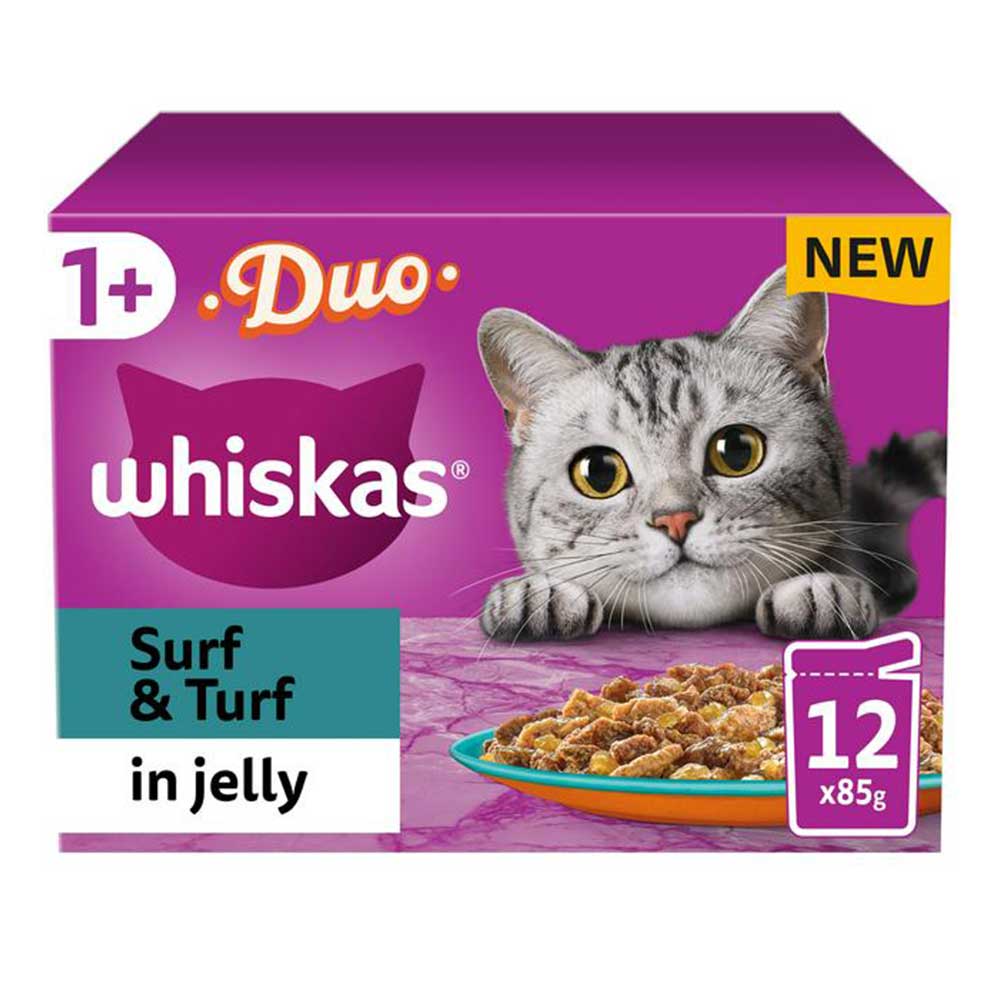 WHISKAS Duo Surf & Turf in Jelly 1+ Adult Wet Cat Food Pouches, 12x85g