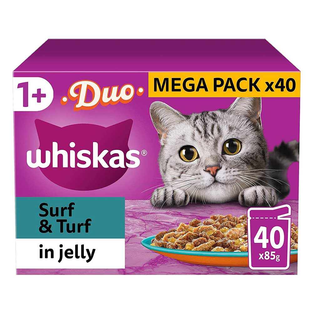 WHISKAS Duo Surf & Turf in Jelly 1+ Adult Wet Cat Food Pouches, 40x85g