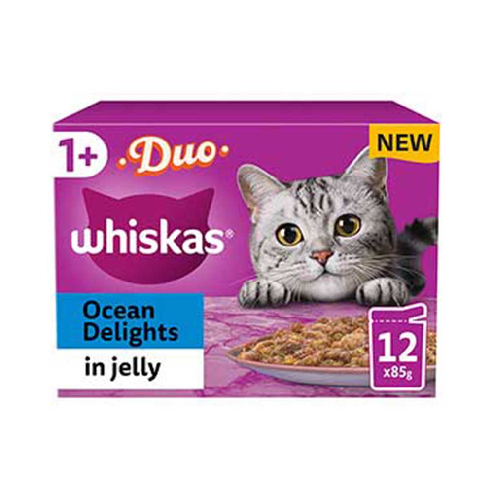 WHISKAS Duo Ocean Delights in Jelly 1+ Adult Wet Cat Food Pouches, 12x85g