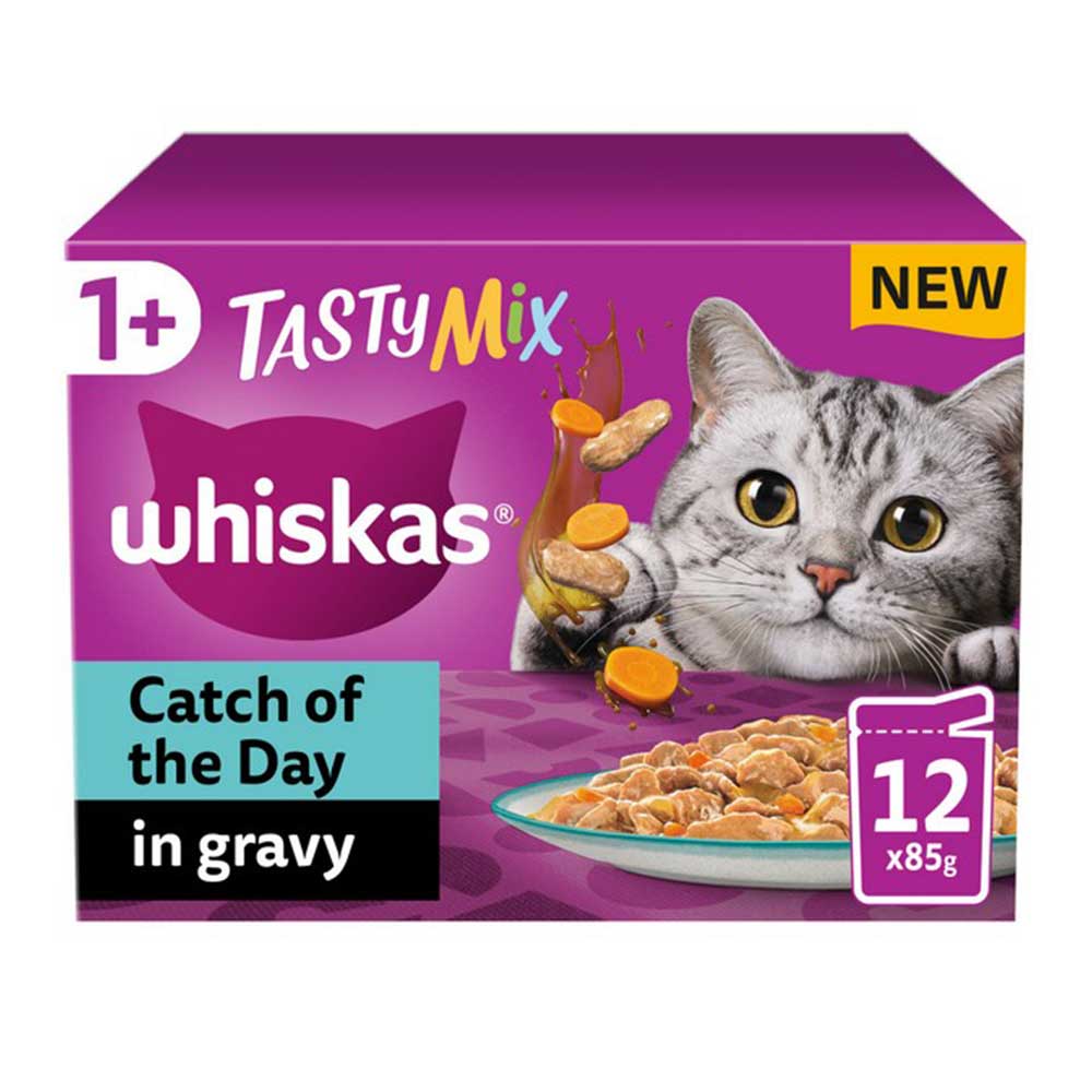 WHISKAS Tasty Mix Catch of the Day in Gravy 1+ Adult Wet Cat Food Pouches, 12x85g