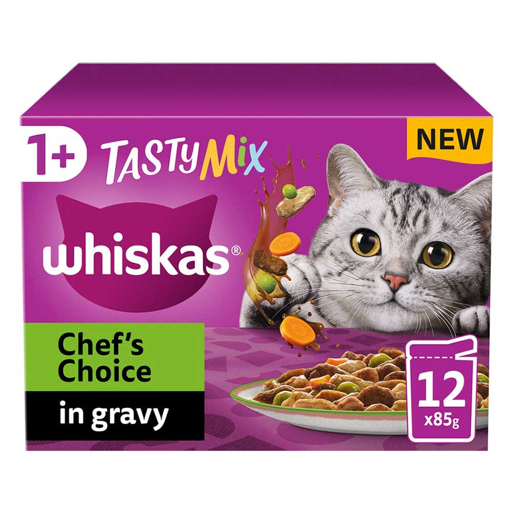 WHISKAS Tasty Mix Chef’s Choice in Gravy 1+ Adult Wet Cat Food Pouches, 12x85g
