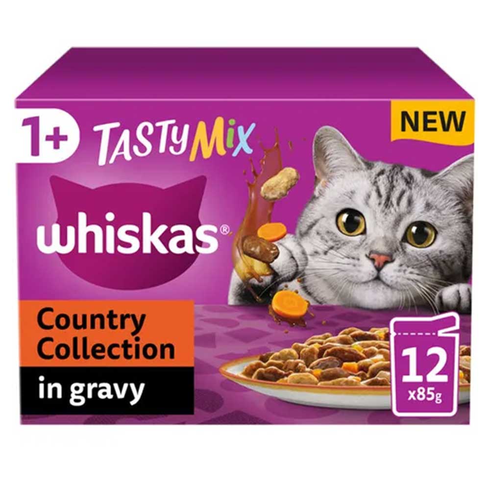 WHISKAS Tasty Mix Country Collection in Gravy 1+ Adult Wet Cat Food Pouches, 12x85g