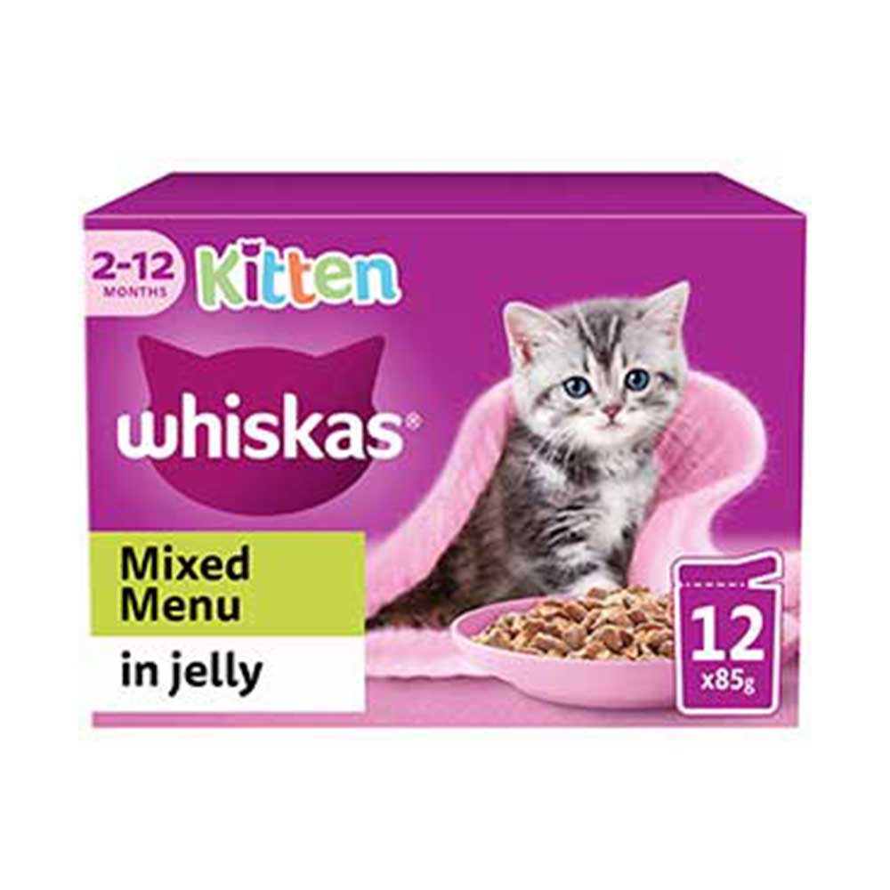 WHISKAS Kitten 2-12 Months Mixed Menu in Jelly Wet Kitten Food Pouches, 12x85g