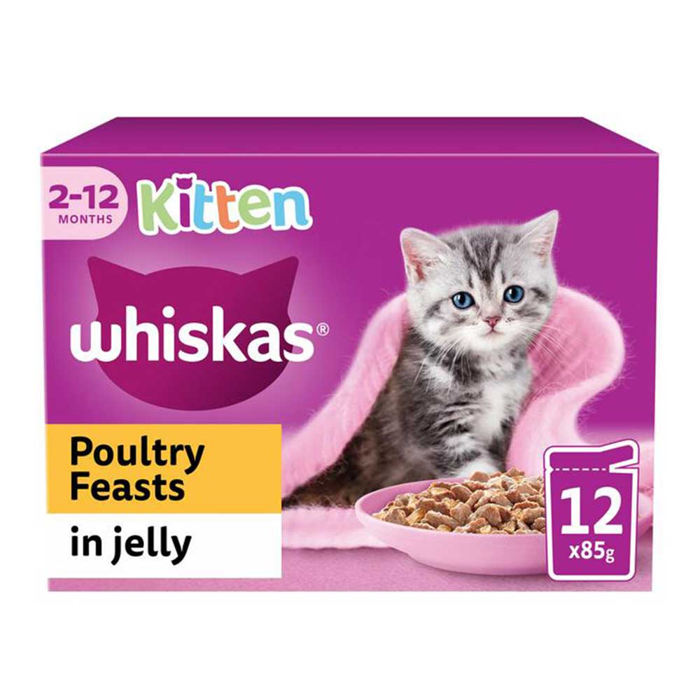 WHISKAS Kitten 2-12 Months Poultry Feasts in Jelly Wet Kitten Food Pouches, 12x85g