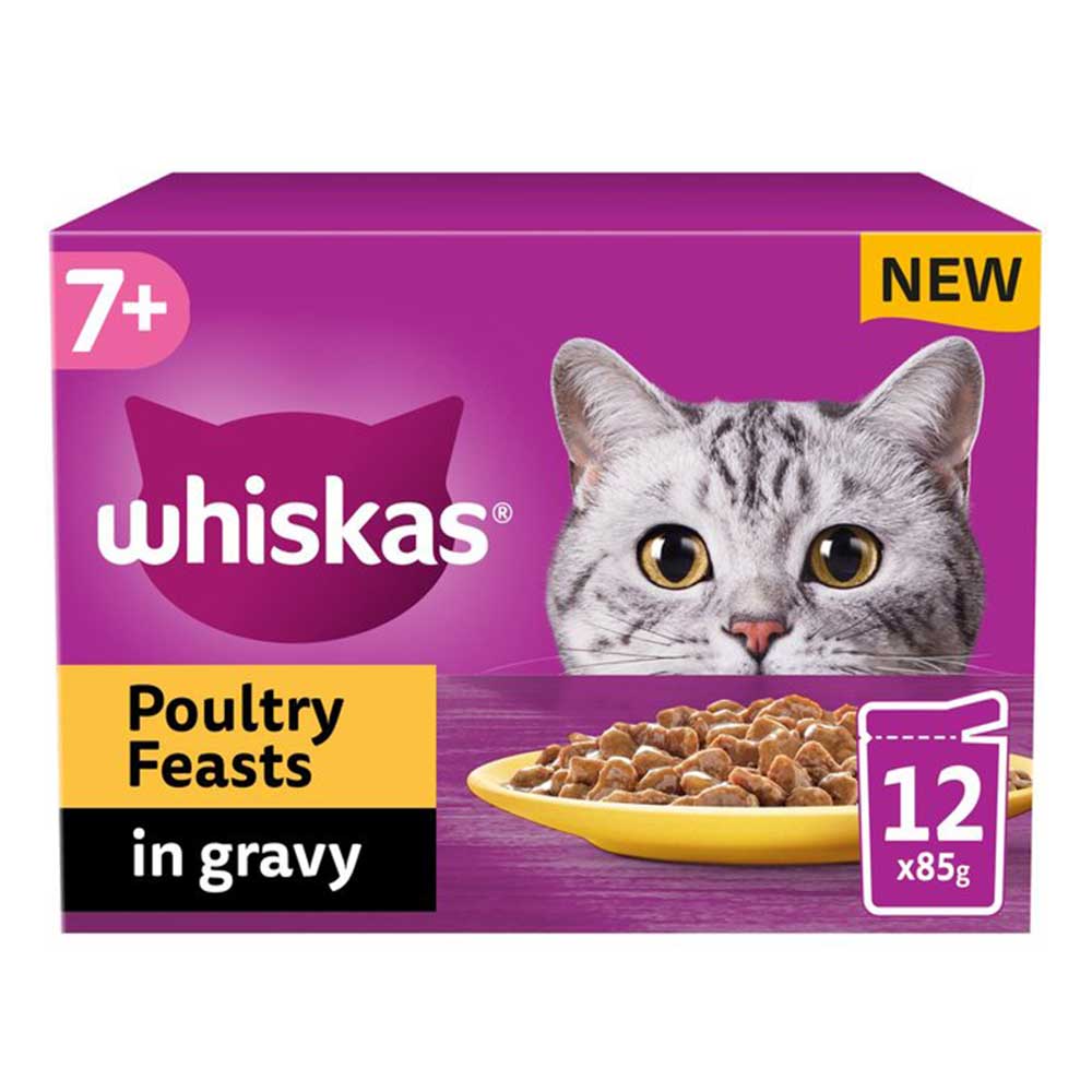 WHISKAS Senior 7+ Poultry Feasts in Gravy Wet Cat Food Pouches, 12x85g
