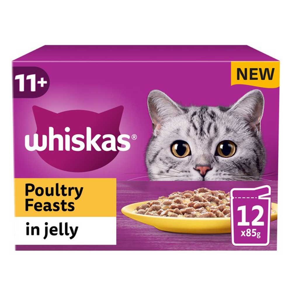 WHISKAS Senior 11+ Poultry Feasts in Jelly Wet Cat Food Pouches, 12x85g