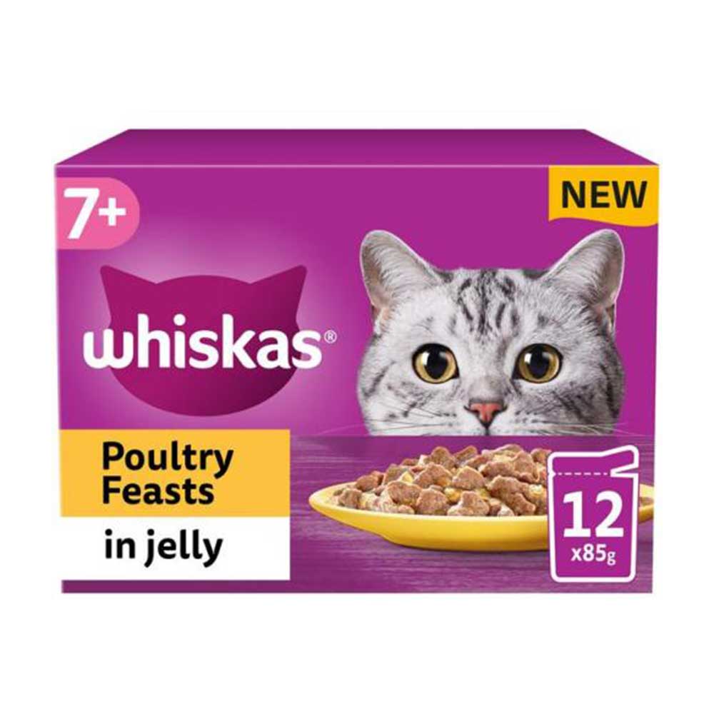 WHISKAS Senior 7+ Poultry Feasts in Jelly Wet Cat Food Pouches, 12x85g