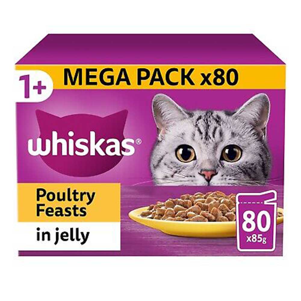 WHISKAS Adult Poultry Feasts in Jelly Pouch, Giant Pack 80x85g