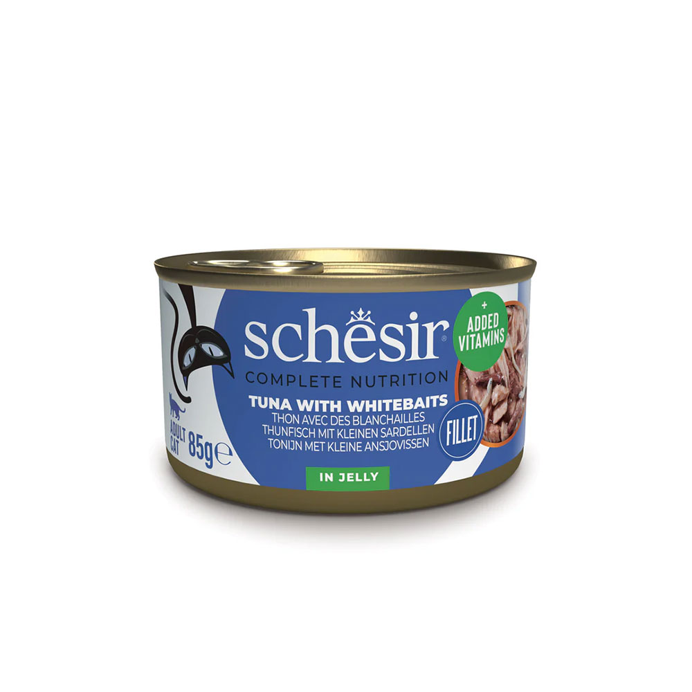 SCHESIR Complete Nutrition Cat Food, Tuna & Whitebaits in Jelly Can 85g