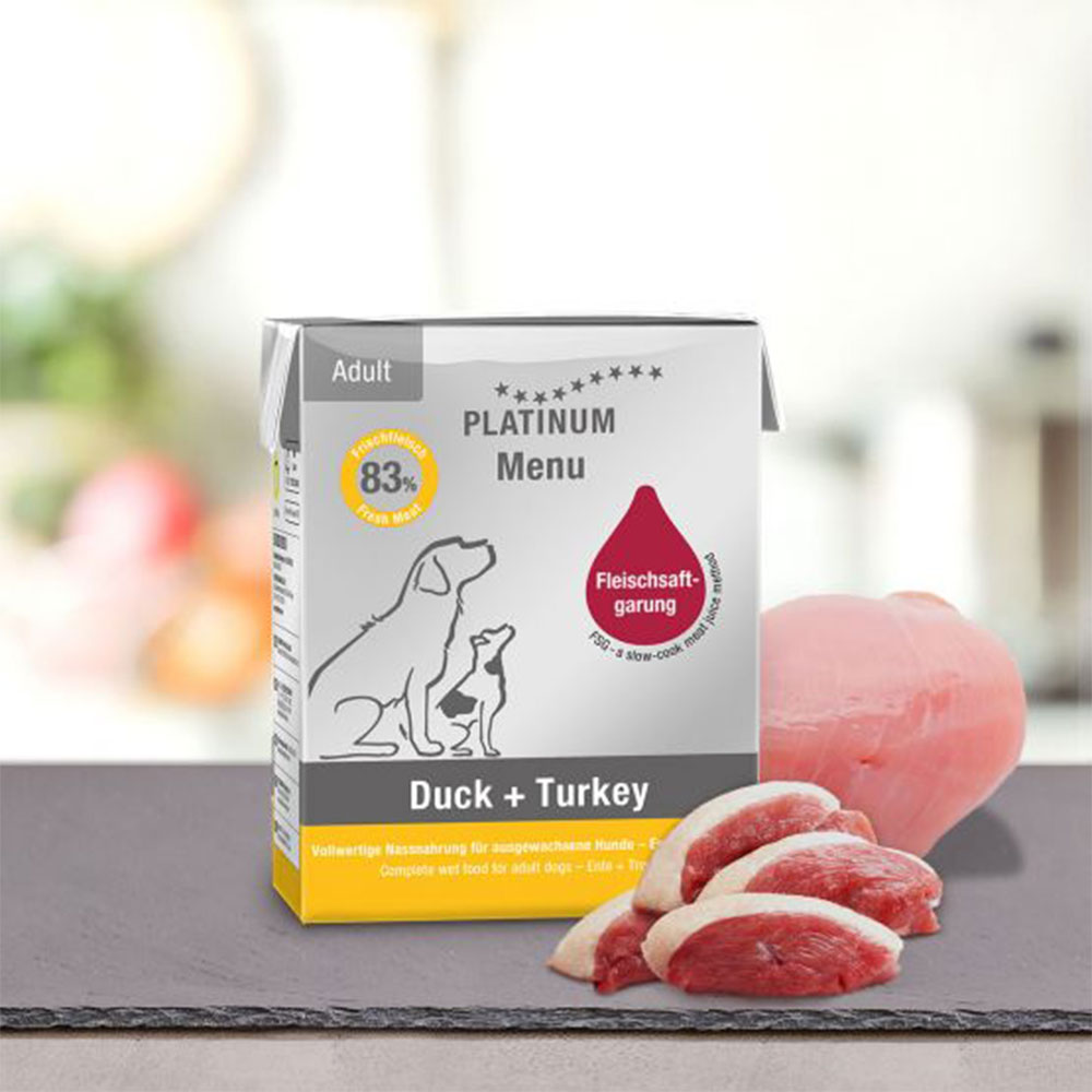 PLATINUM Adult Wet Dog Food Tetra, Duck & Turkey 185g